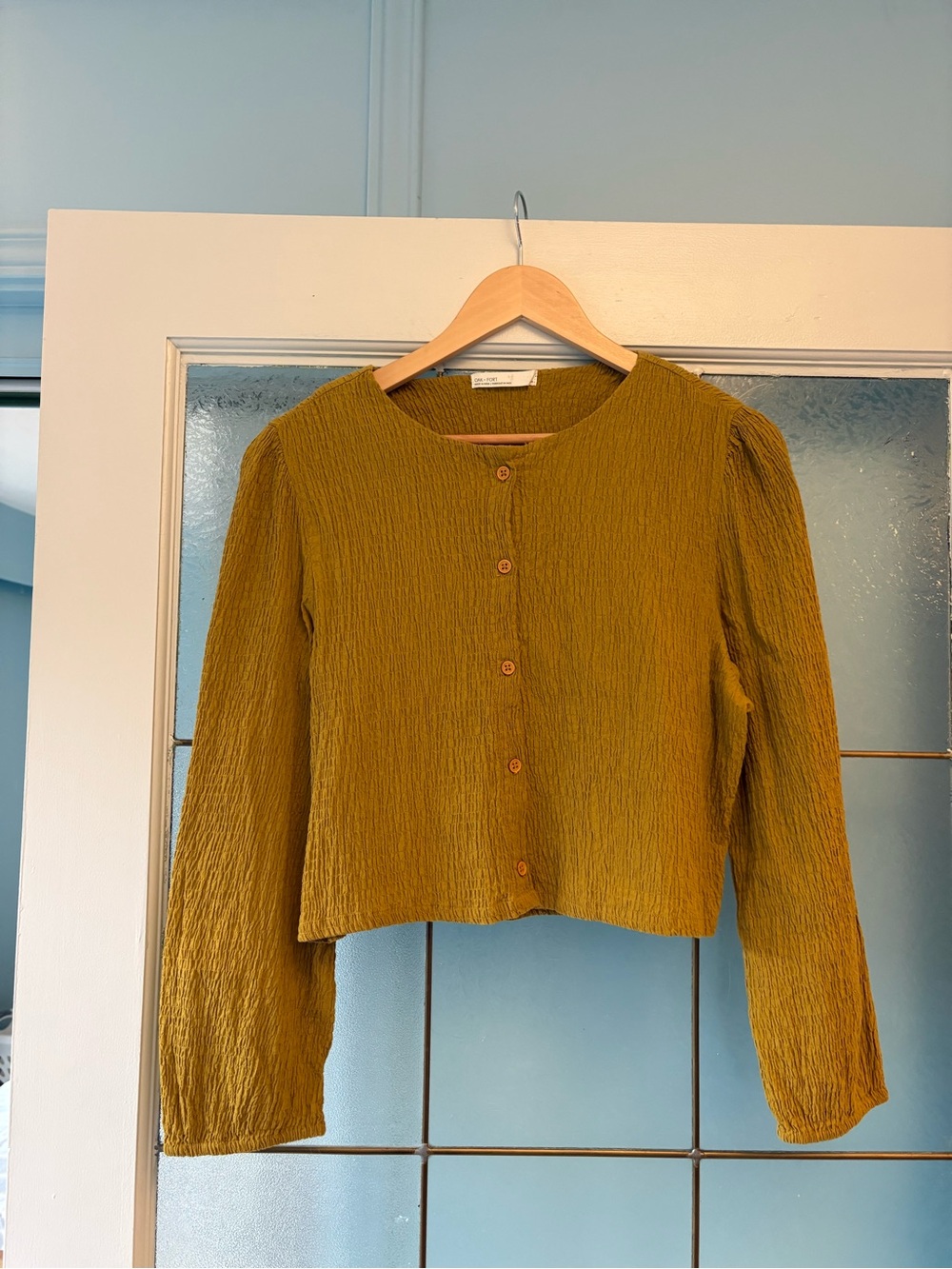 OAK + FORT Mustard Crinkle Button-Front Top